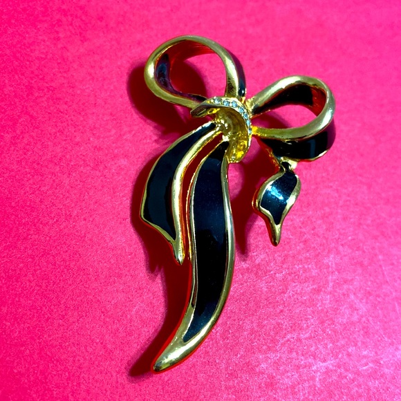 🖤Vtg💕Black and gold ribbon brooch - Picture 1 of 9